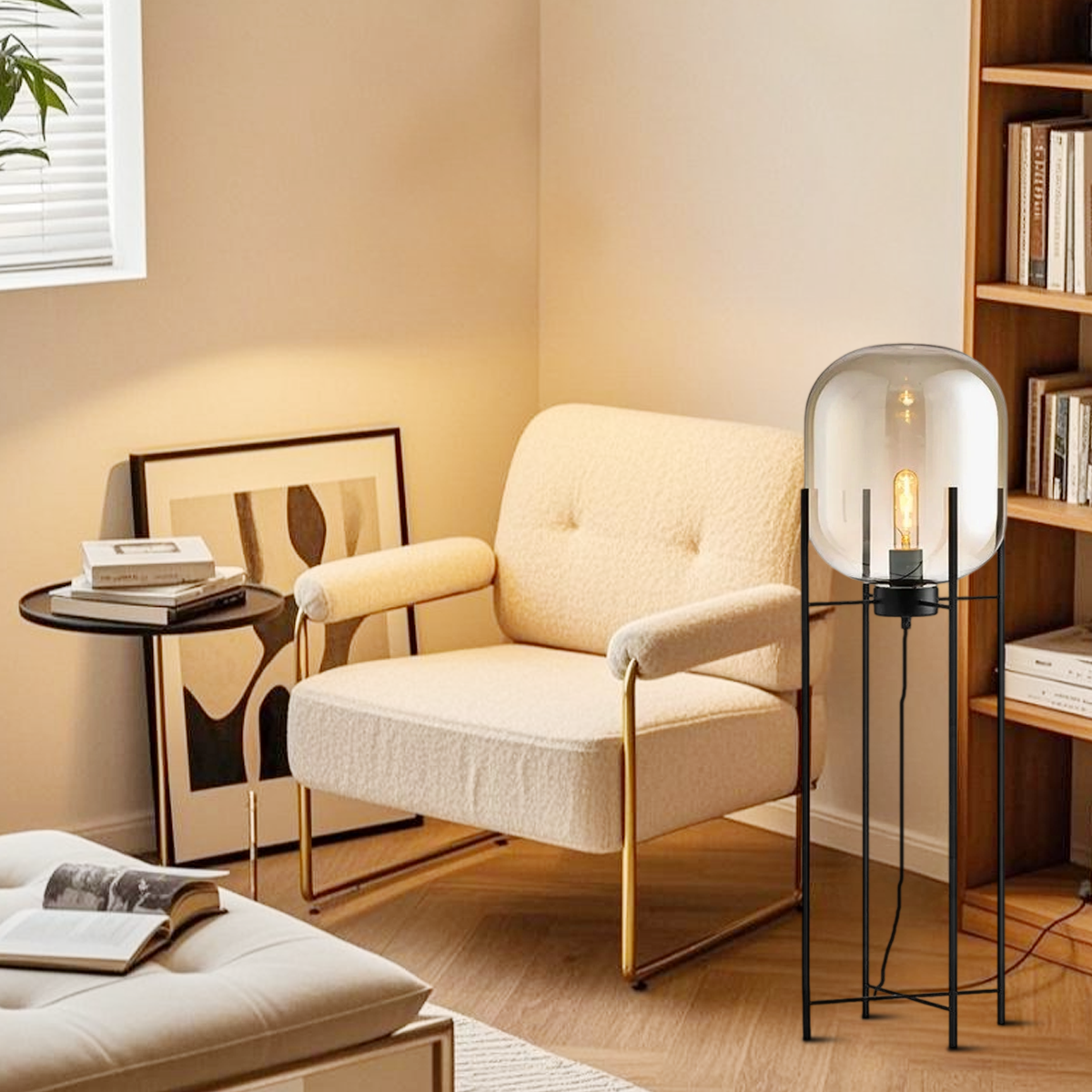 Floor Lamp – Clear Glass & Metal Elliptical Design for Living Room